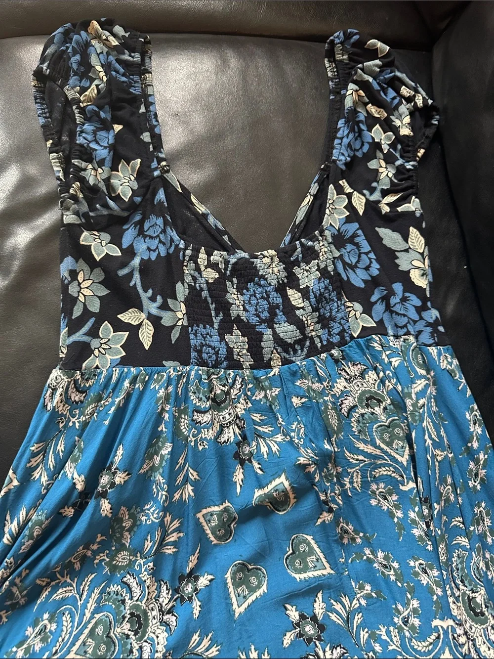 Free People Teal Paisley top with Black and Cream Accents sz L